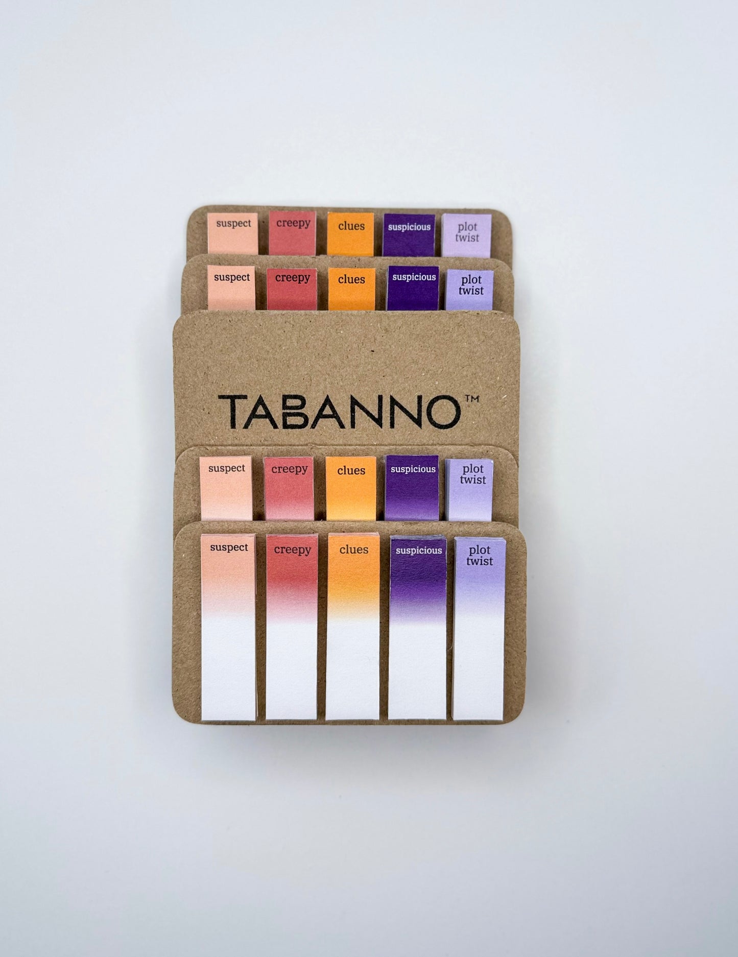 Tabanno color swatch book with various colored tabs on a white background for mystery and thriller books