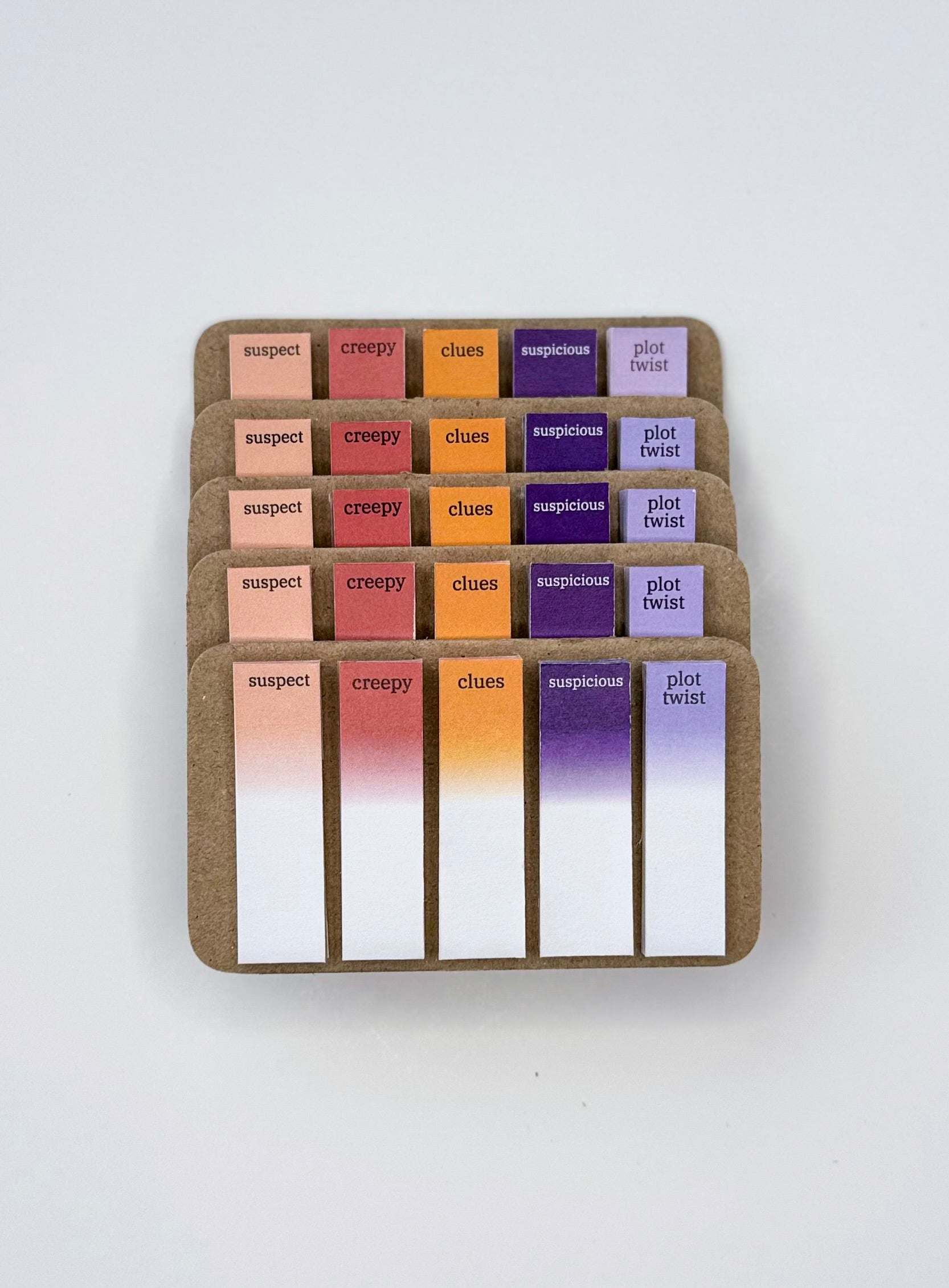 Set of colorful sticky notes for mystery or thriller books with text on a white background